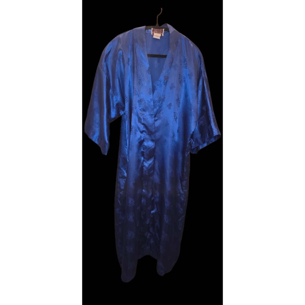 Vtg California Dynasty Sz Medium‎ Satin Blue Kimono Style Robe Floral *no belt*